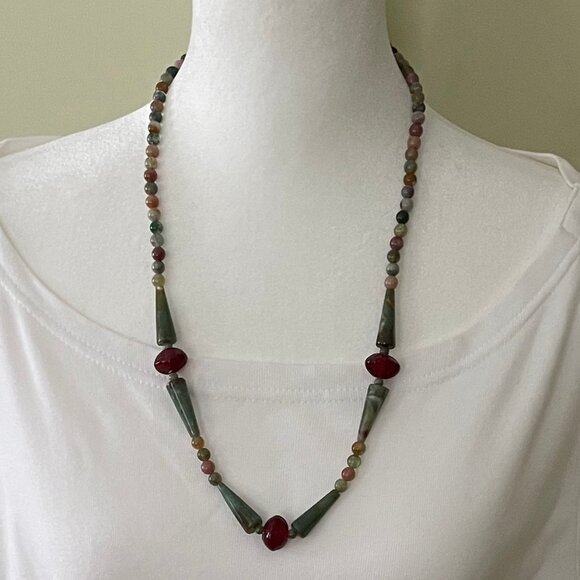 Natural Stone and Red Glass Bead Necklace - Picture 1 of 8